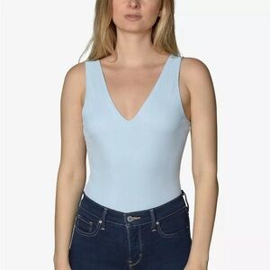 Just Polly Juniors' Rib-Knit Sleeveless Bodysuit Light Blue Size XL